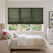 Sage Green Cordless Linen Roman Blinds in a Modern Bedroom with White Walls and White Bedding
