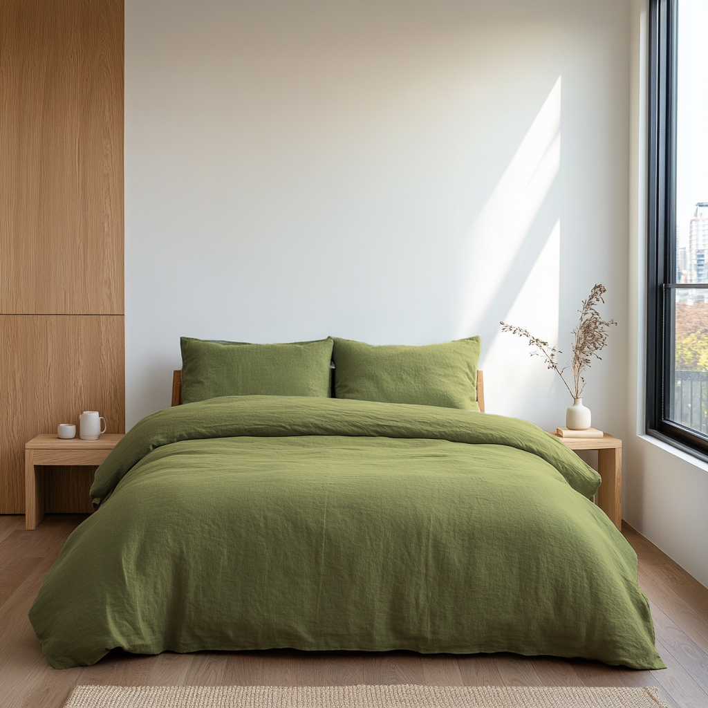 Moss Green Washed Linen Duvet Cover Set