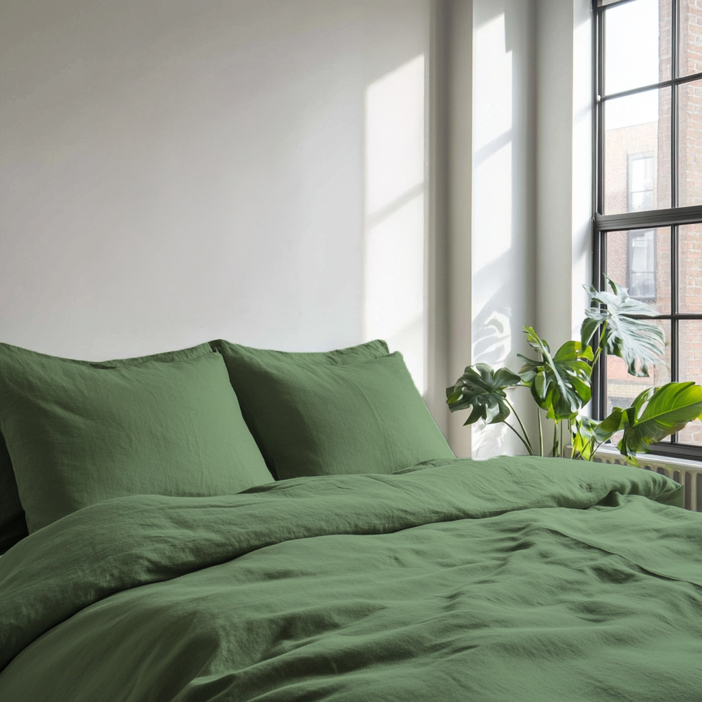 Forest Green Washed Linen Duvet Cover Set
