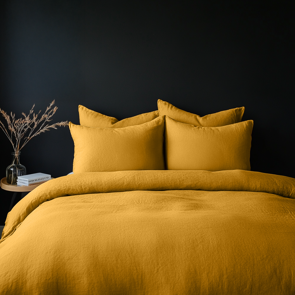 Mustard Yellow Washed Linen Duvet Cover Set