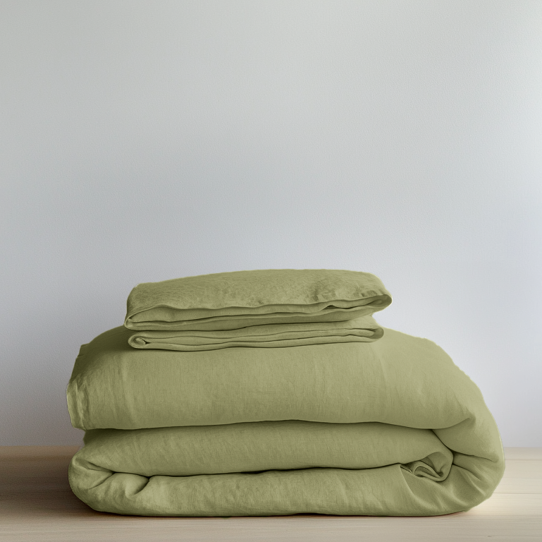 Olive Green Washed Linen Duvet Cover Set