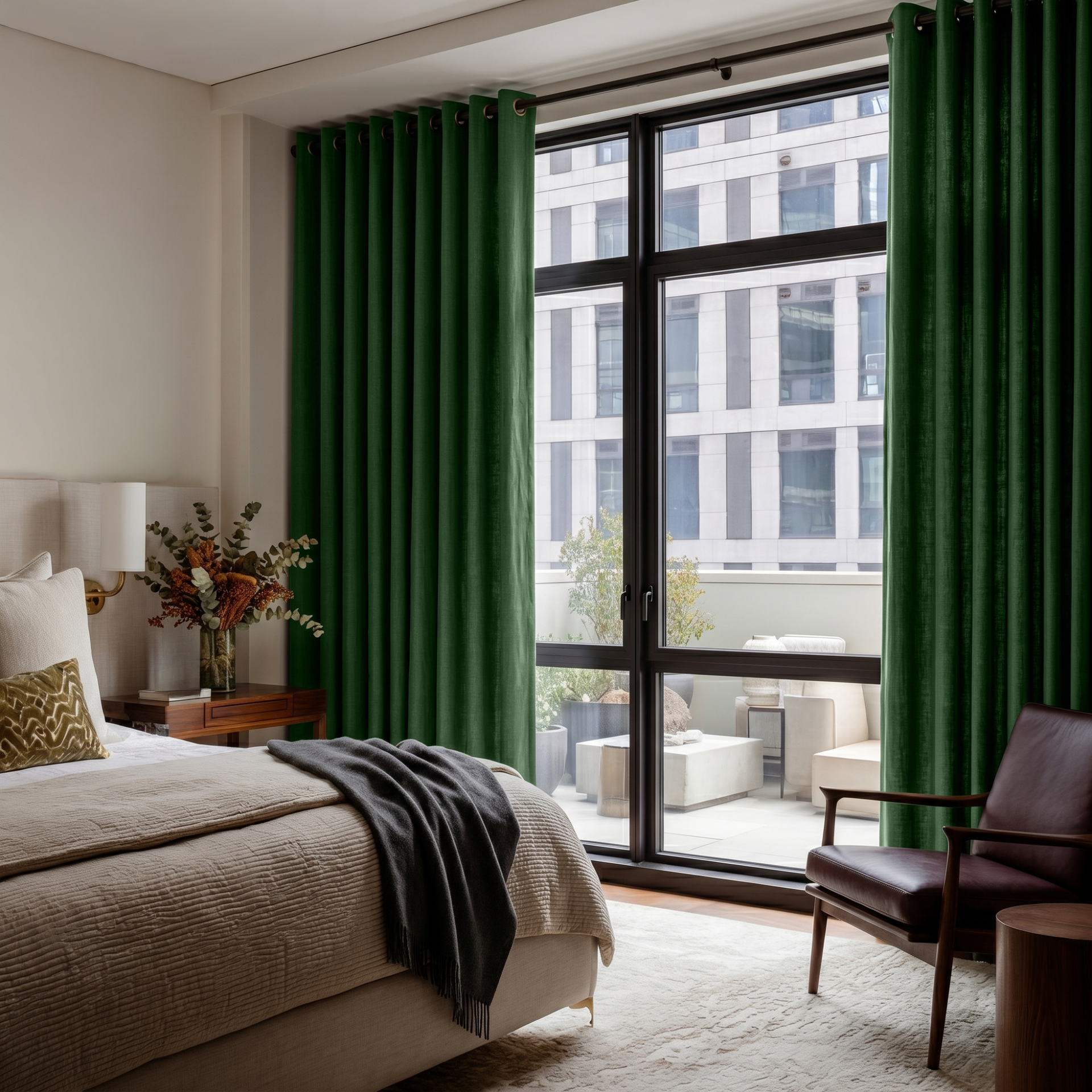 Forest Green Linen Eyelet Bedroom Curtains in a Contemporary Bedroom with Dark Leather Accent Chair and Charcoal Accents - Blackout Lining