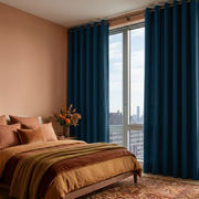 Peacock Blue Linen Eyelet Curtains in a Warm Contemporary Bedroom with Terracotta Walls and Textured Accents - Blackout Lining