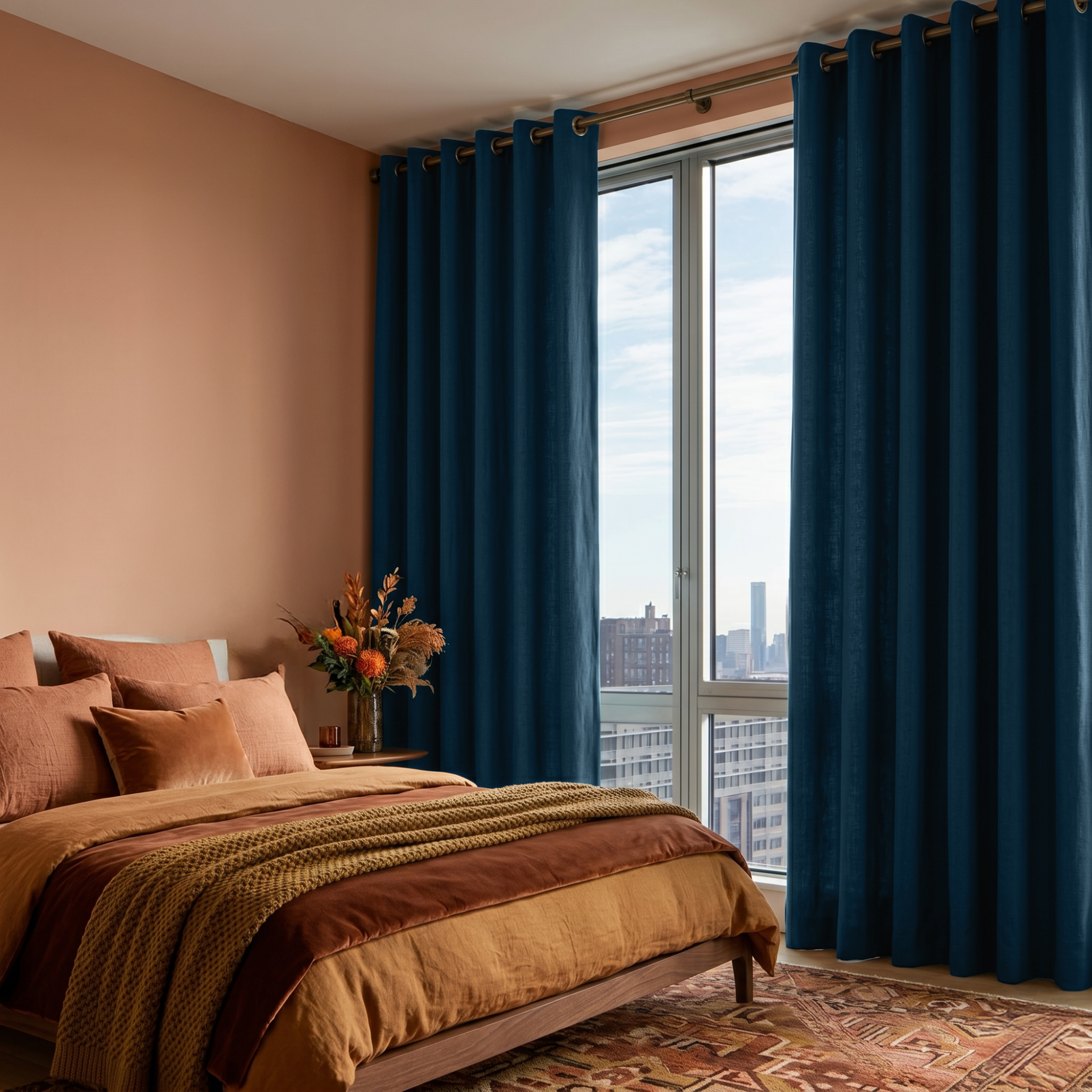 Peacock Blue Linen Eyelet Curtains in a Warm Contemporary Bedroom with Terracotta Walls and Textured Accents - Blackout Lining
