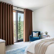Tawny Brown Linen Eyelet Curtains in a Bright Minimal Bedroom with Soft White Walls and Light Wood Furniture - Blackout Lining