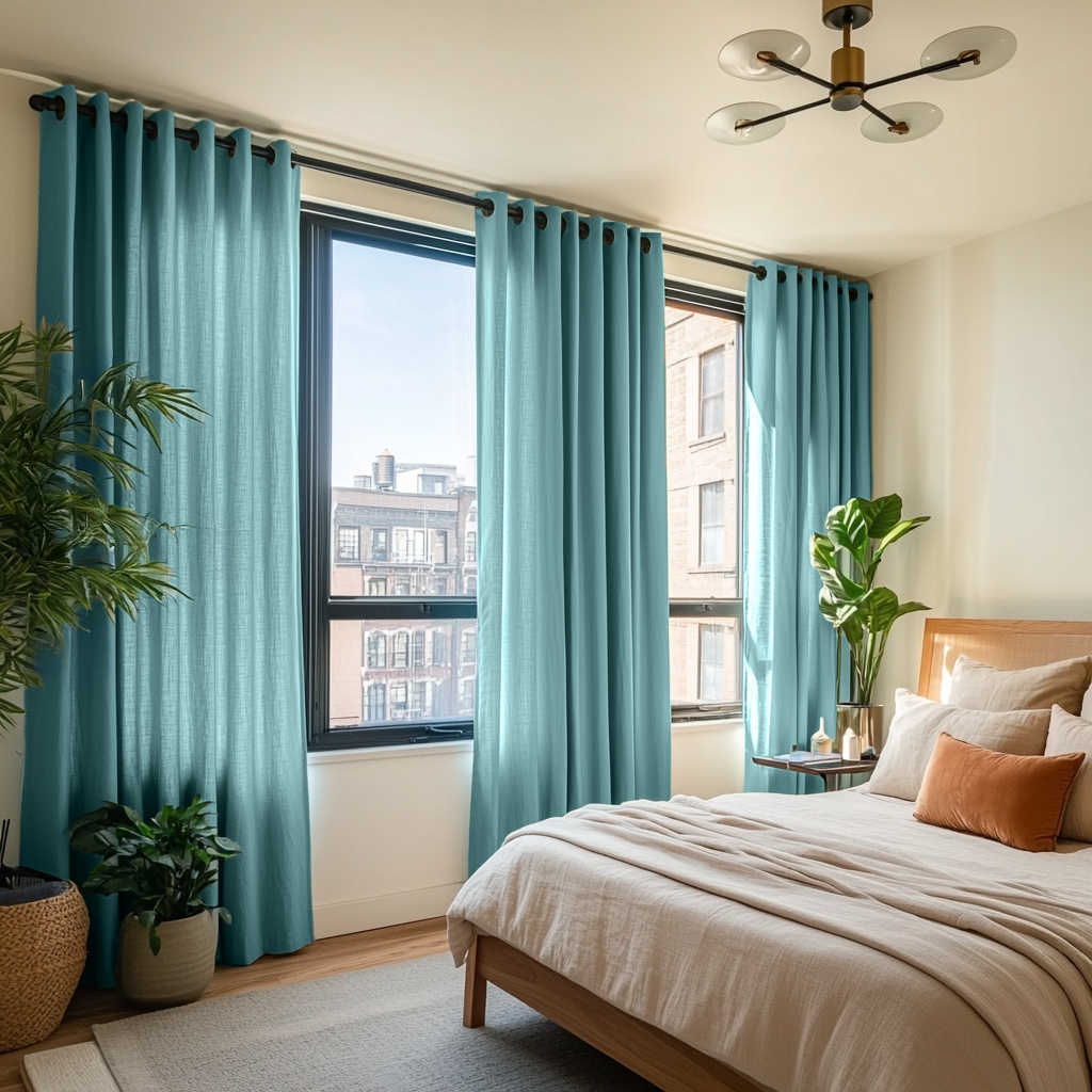 Aquamarine Blue Linen Eyelet Bedroom Curtains in a Sunlit Modern Bedroom with Creamy Neutral Walls and Ivory Bedding - Cotton Lining
