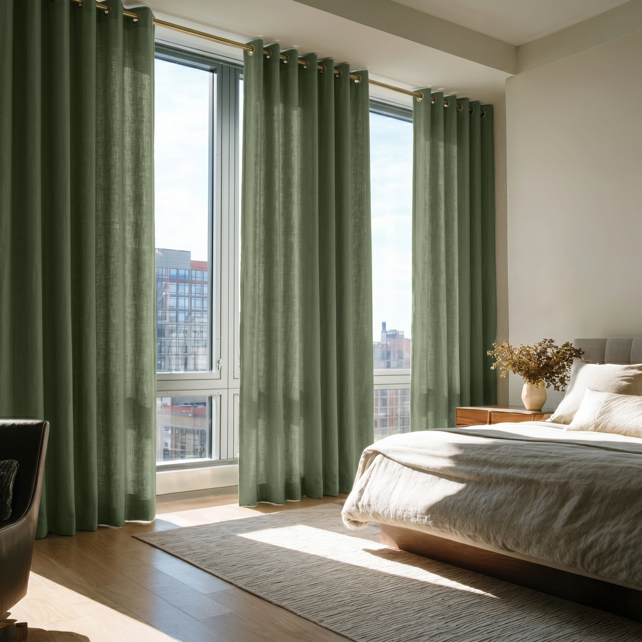 Asparagus Green Linen Eyelet Bedroom Curtains in a Modern Bedroom with Crisp Ivory Bedding, a Low Wood Platform Bed and Warm Beige Accents