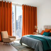 Burnt Orange Linen Eyelet Curtains in a Bright Bedroom with Teal Bedding - Cotton Lining