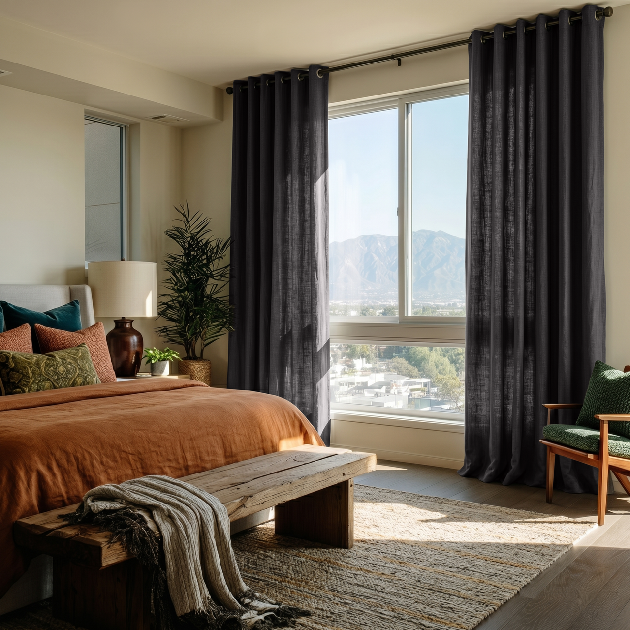 Charcoal Grey Linen Eyelet Curtains in a Cozy Bedroom with Beige Walls