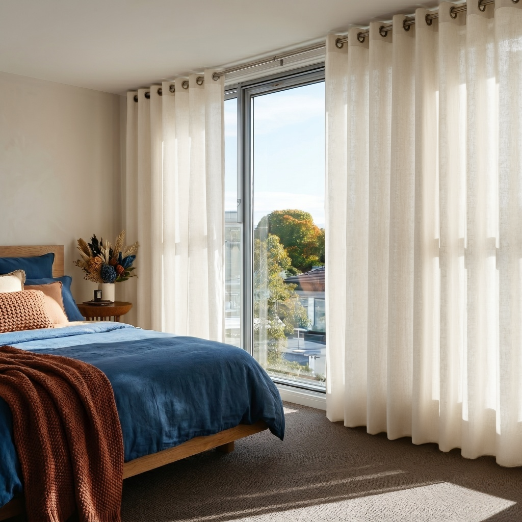 Cream Linen Eyelet Curtains in a Bright Bedroom With Blue Bedding and Large Sunlit Windows
