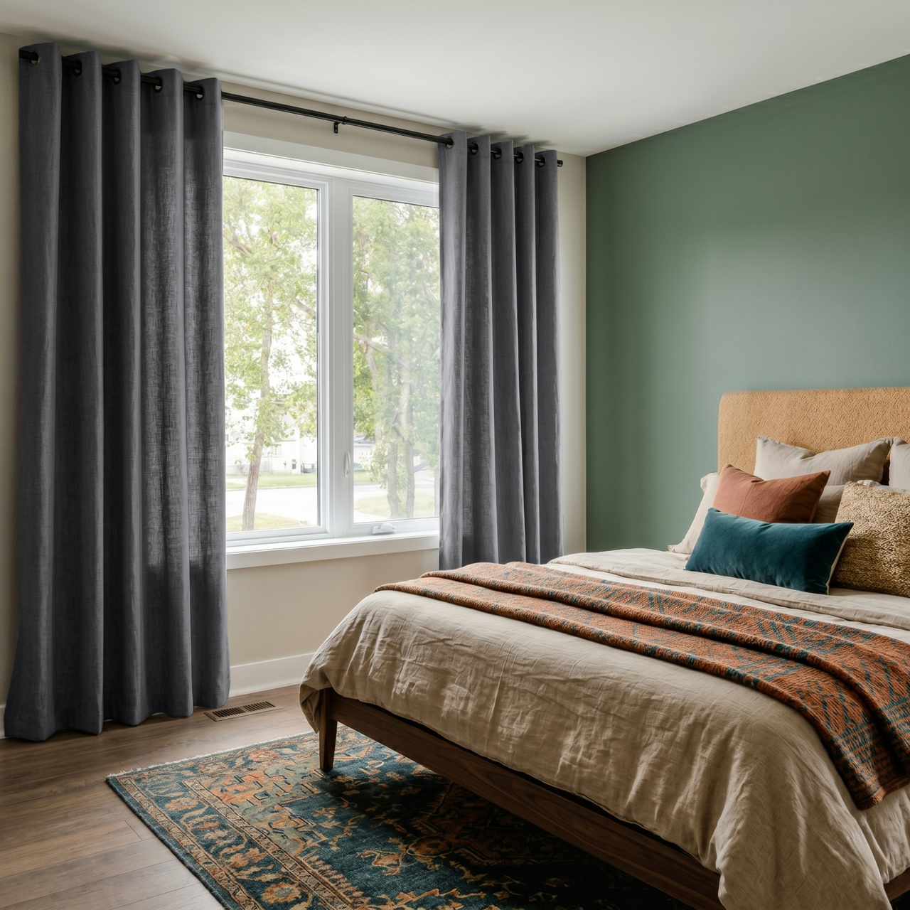Dim Grey Linen Eyelet Curtains in a Colorful Bedroom With a Sage Green Accent Wall and Cream Bedding