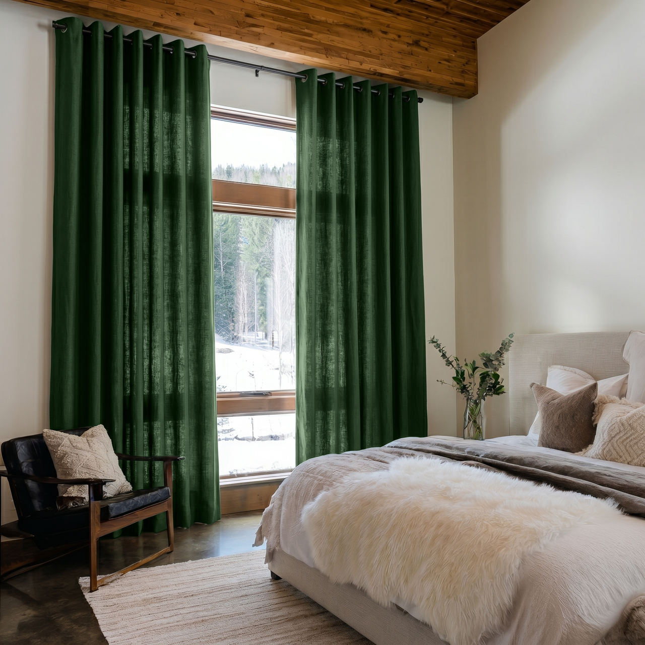 Forest Green Linen Eyelet Bedroom Curtains in a Cozy Rustic Bedroom with Wood Plank Ceiling, a Plush Faux Fur Throw and Taupe Accents