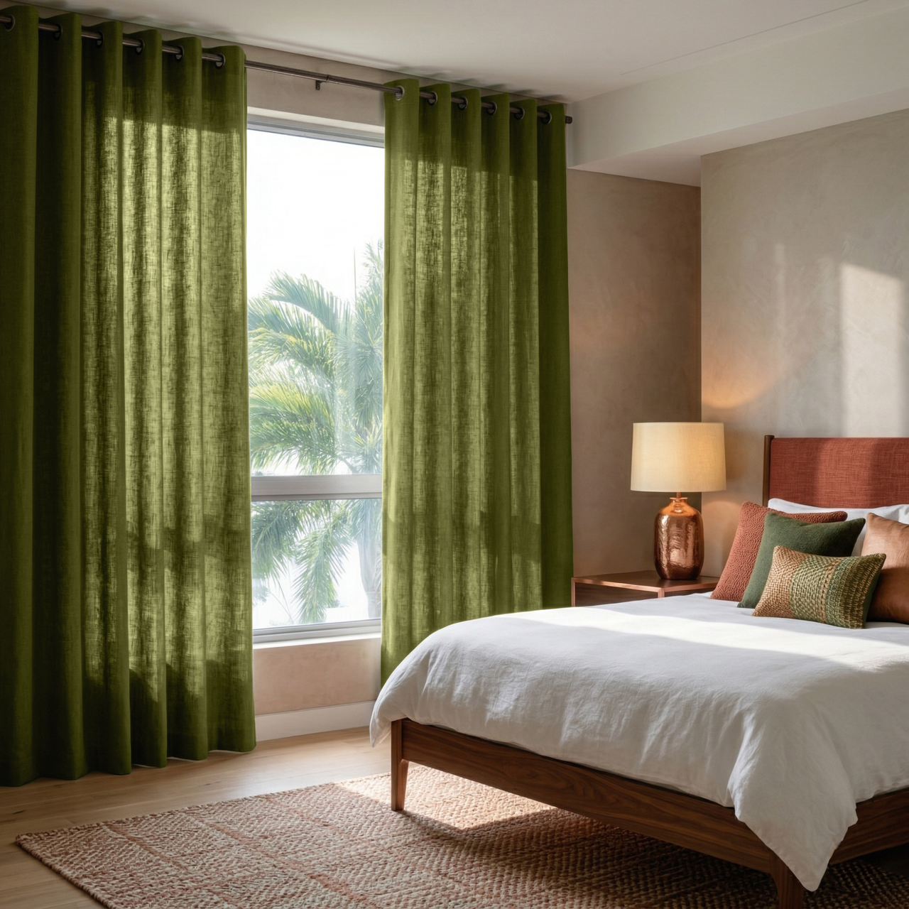 Moss Green Linen Eyelet Bedroom Curtains in a Warm Modern Bedroom with a Rust Upholstered Headboard