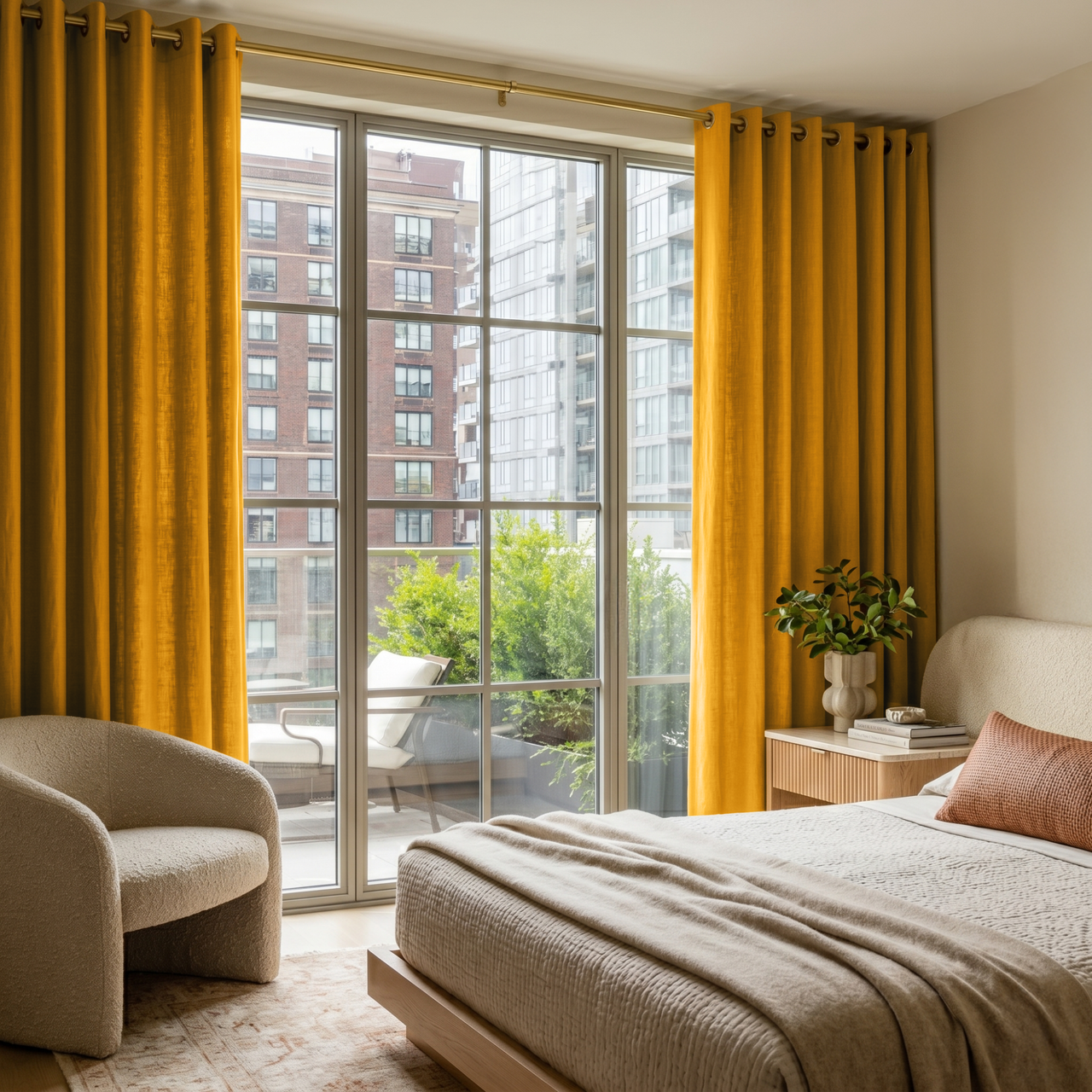 Mustard Yellow Linen Eyelet Bedroom Curtains in a Bright Minimal Bedroom with Curved Ivory Accent Chair and Cream Accents - Cotton Lining