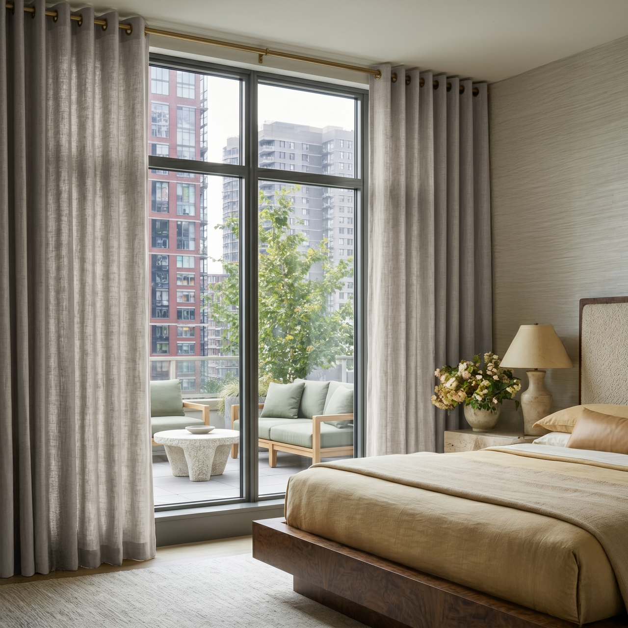 Natural Linen Eyelet Bedroom Curtains in a Contemporary Bedroom with Warm Greige Textured Walls and Soft Gold Accents - Cotton Lining