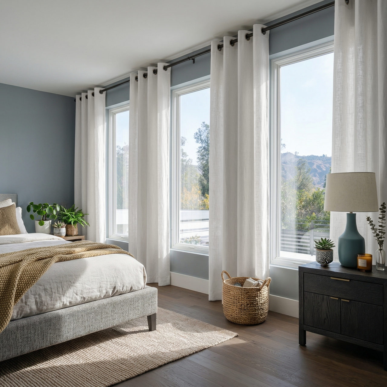 Off-White Linen Eyelet Bedroom Curtains in a Bright Bedroom with Blue Grey Walls