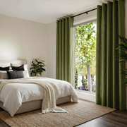 Olive Green Linen Eyelet Bedroom Curtains in a Minimal Bedroom with Soft White Walls - Cotton Lining