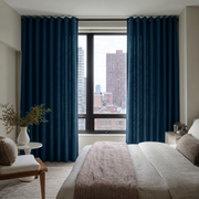 Peacock Blue Linen Grommet Curtains in a Calm Bedroom with Light Beige Walls and Neutral Bedding - Cotton Lining