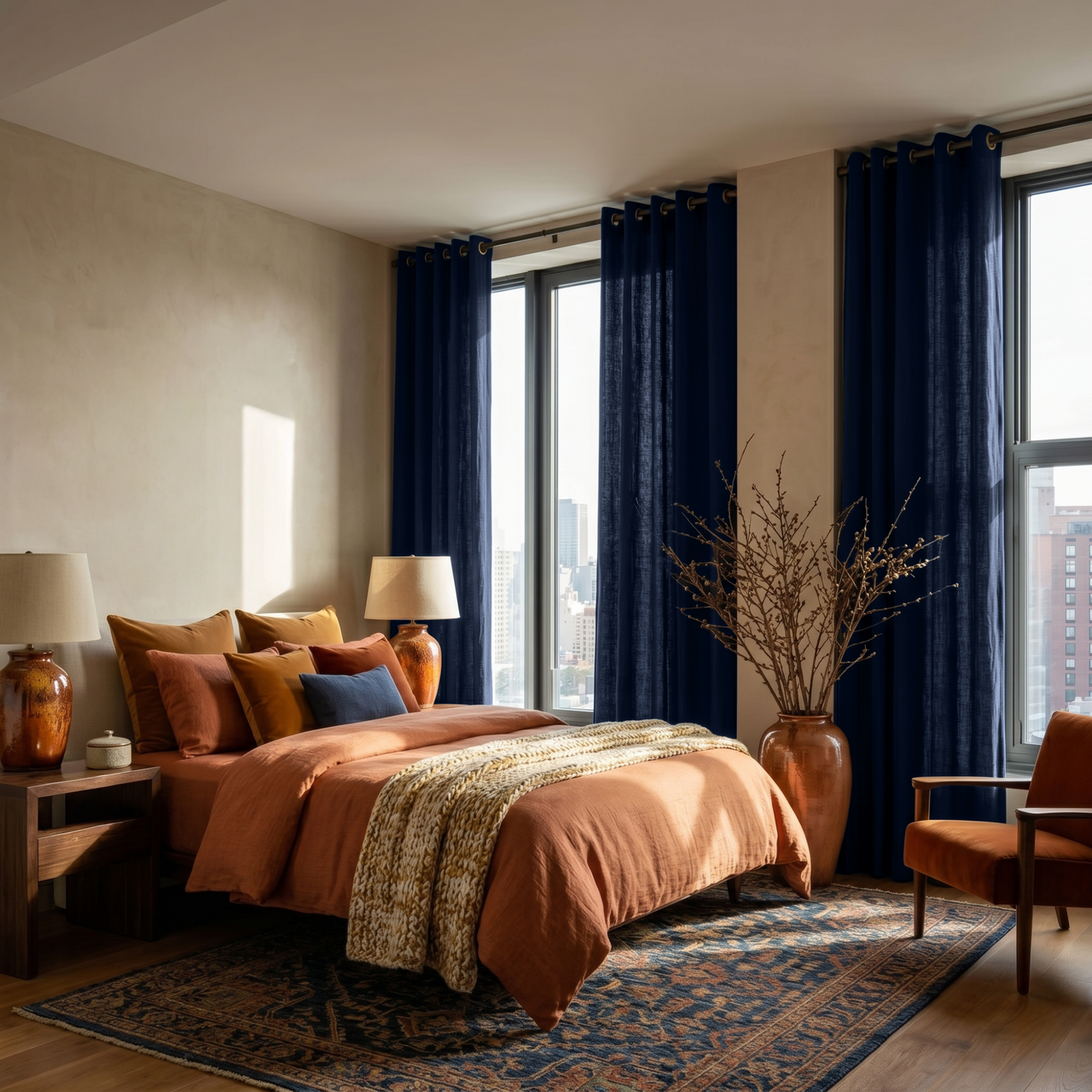 Royal Blue Linen Eyelet Curtains in a Cozy Bedroom with Beige Walls and Terracotta Bedding