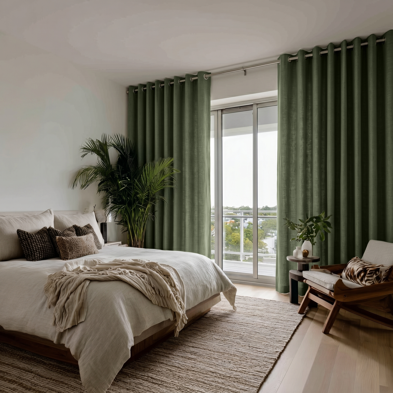 Sage Green Linen Eyelet Bedroom Curtains in a Modern Bedroom with Cozy Ivory Bedding and Espresso Brown Accents - Cotton Lining
