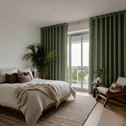 Sage Green Linen Eyelet Bedroom Curtains in a Modern Bedroom with Cozy Ivory Bedding and Espresso Brown Accents - Cotton Lining