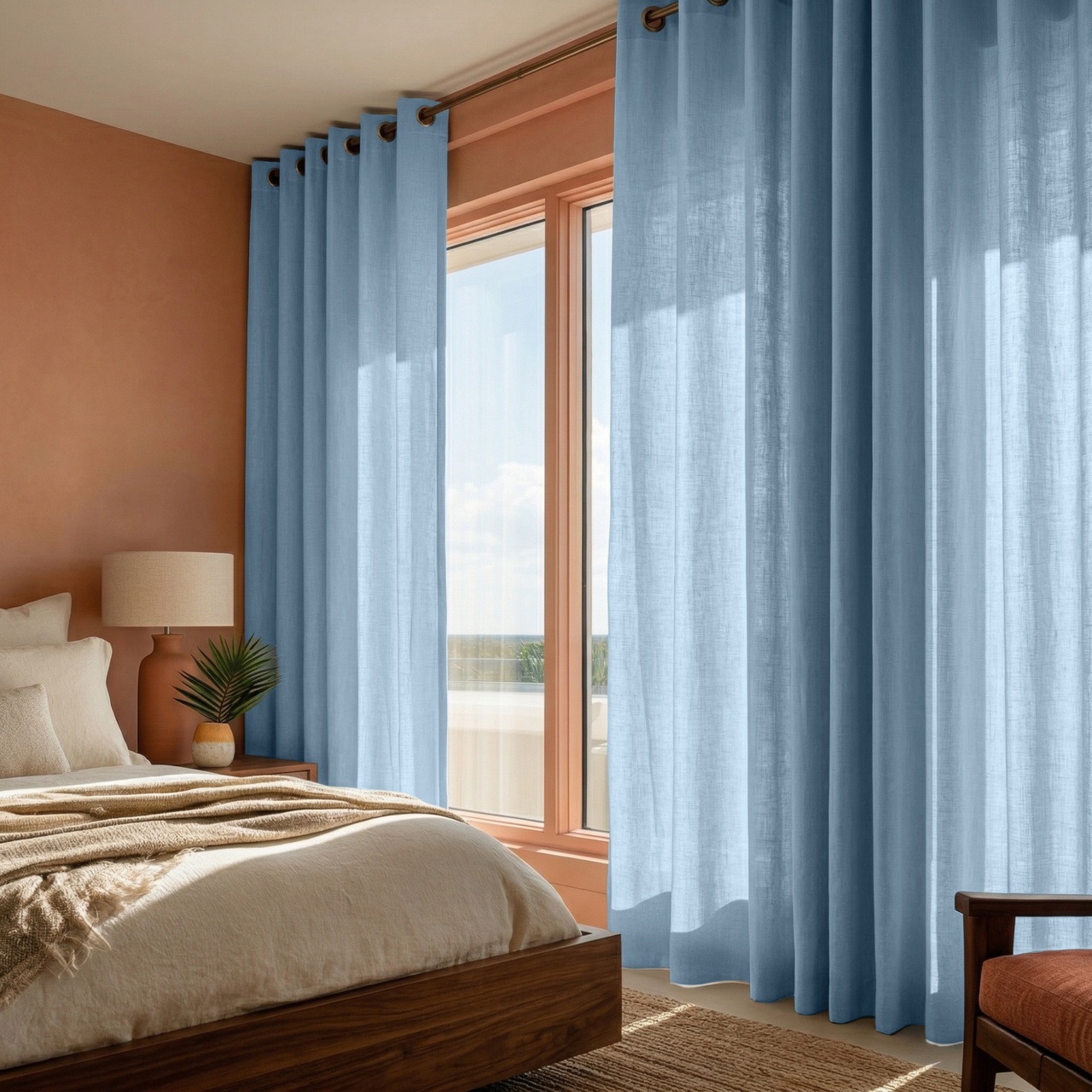 Sky Blue Linen Grommet Bedroom Curtains in a Warm Contemporary Bedroom with Peachy Terracotta Walls and Sandy Beige Accents