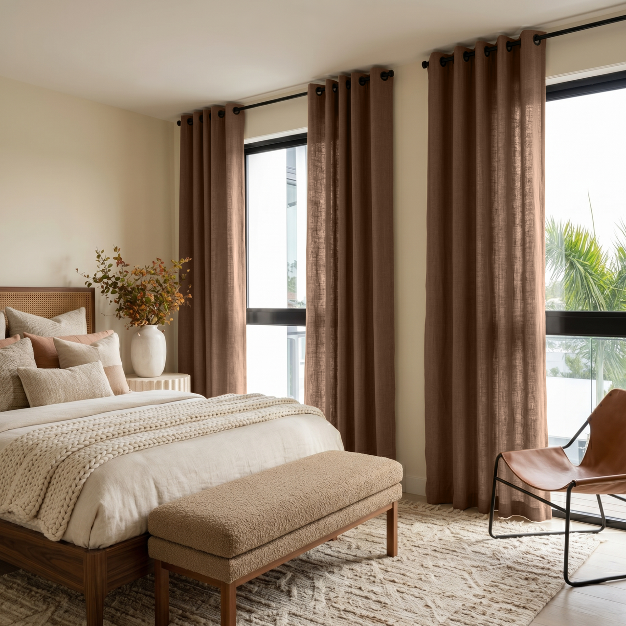 Tawny Brown Linen Eyelet Curtains in a Warm Neutral Bedroom with Cream Tones