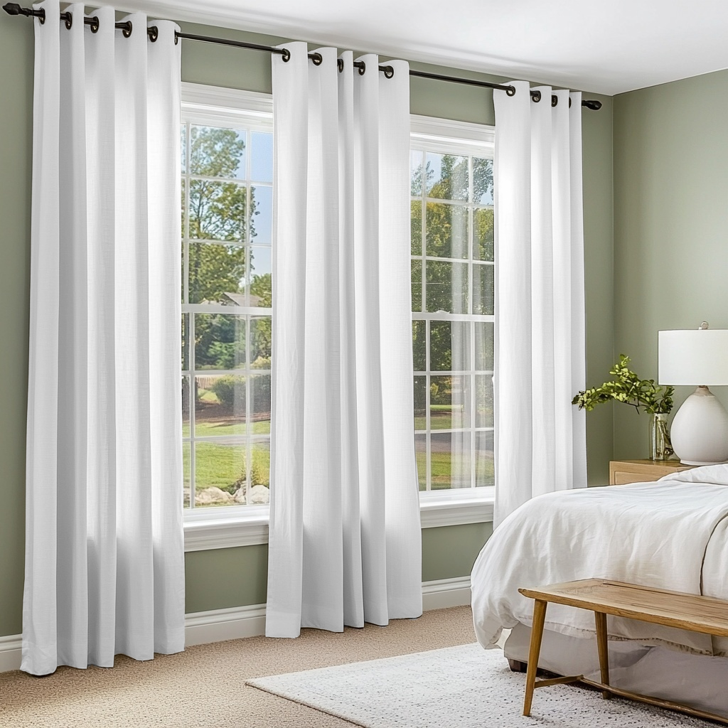 White Linen Eyelet Curtains in a Soft Green Bedroom With Two Large Windows and White Bedding - Cotton Lining