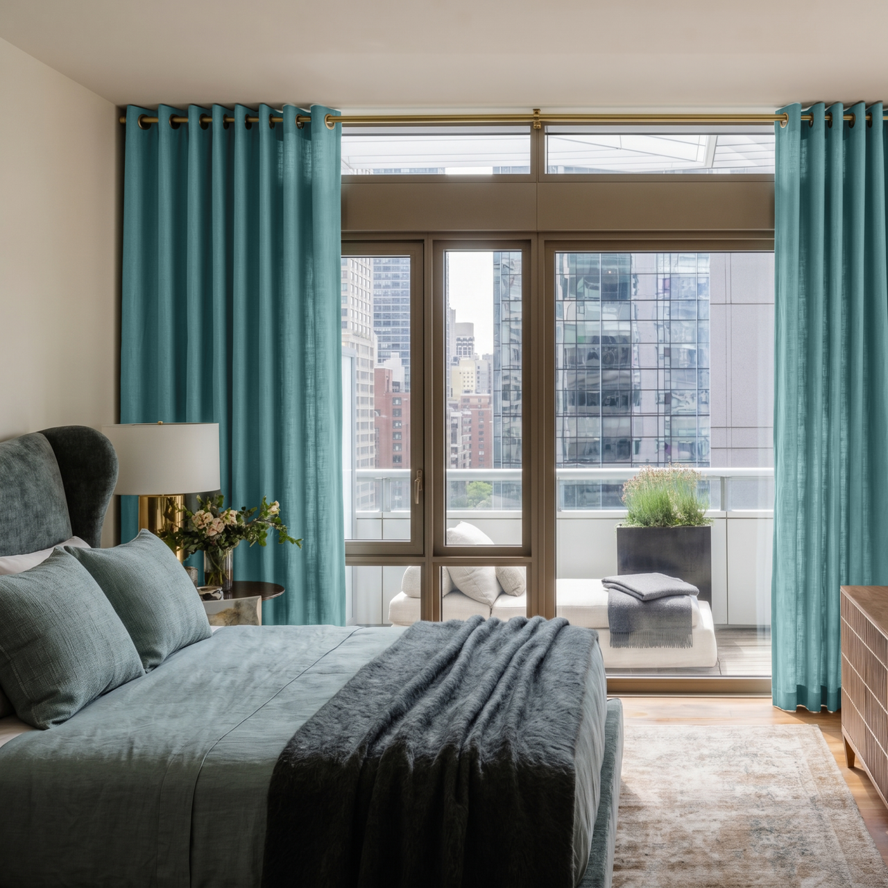 Aquamarine Blue Linen Eyelet Bedroom Curtains in an Elegant Bedroom with Warm Greige Walls and Blue Grey Bedding