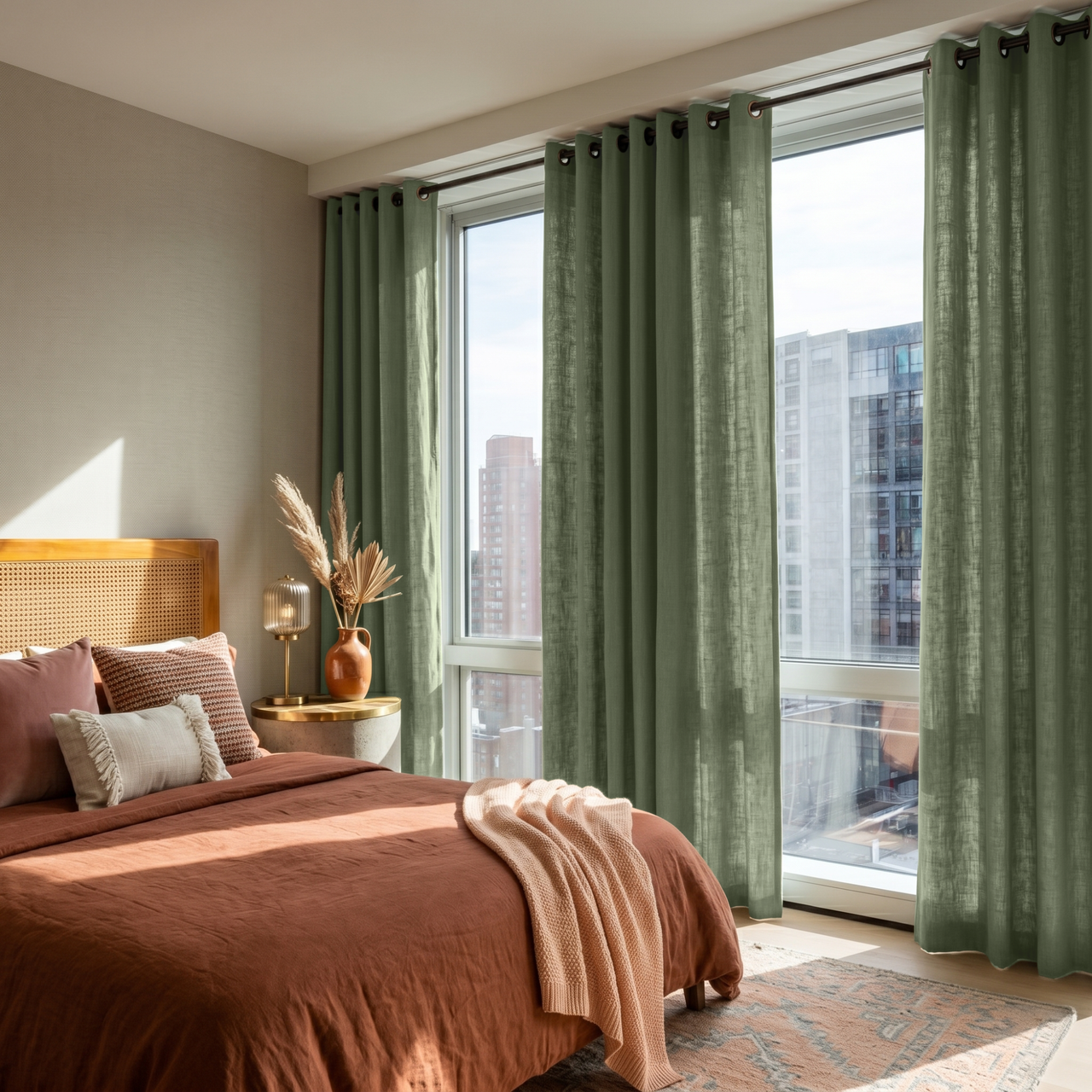 Asparagus Green Linen Eyelet Bedroom Curtains in a Warm Contemporary Bedroom with Light Greige Walls, Terracotta Bedding and Natural Wood Accents