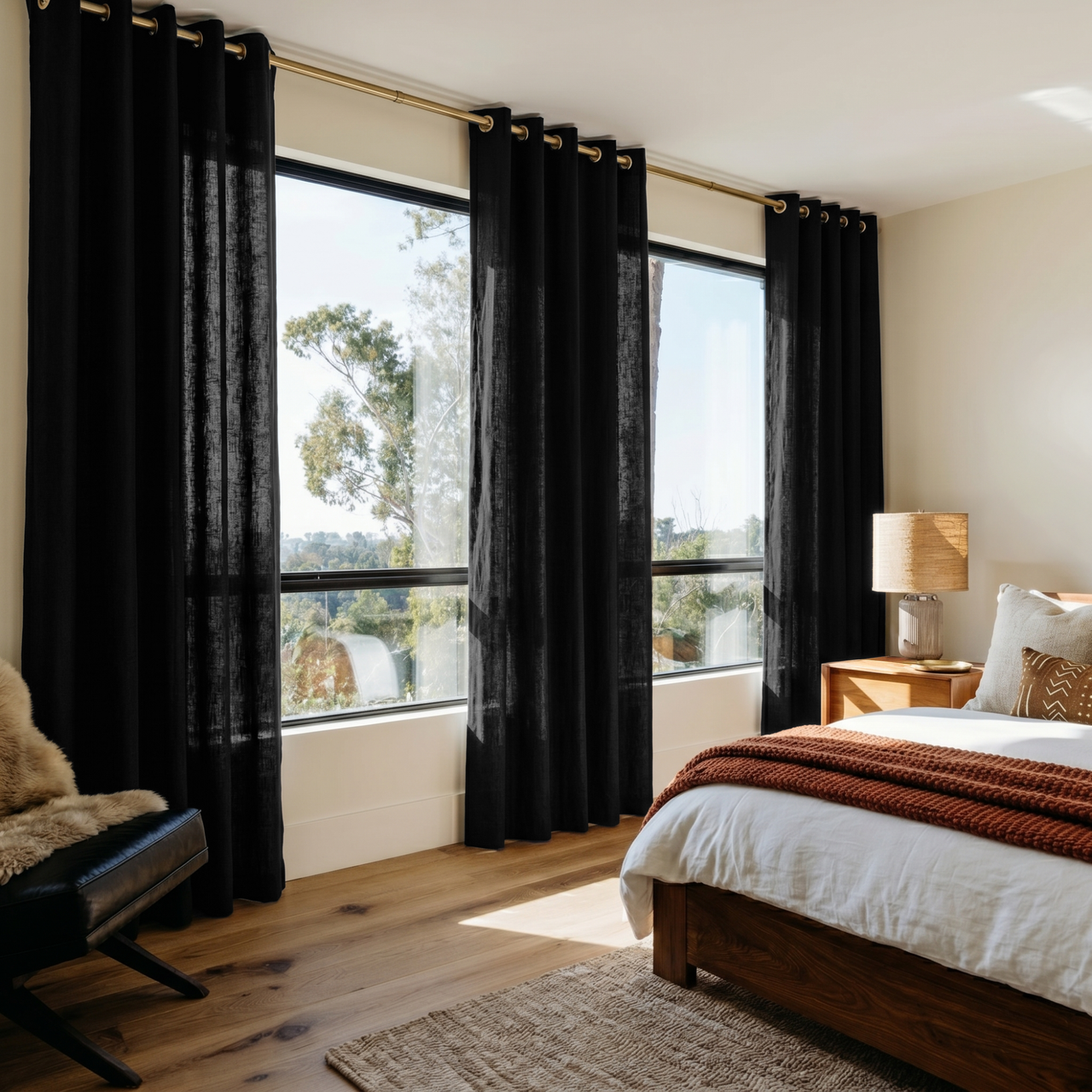 Black Linen Eyelet Curtains in a Cozy Bedroom with Cream Walls and Warm Wood Accents