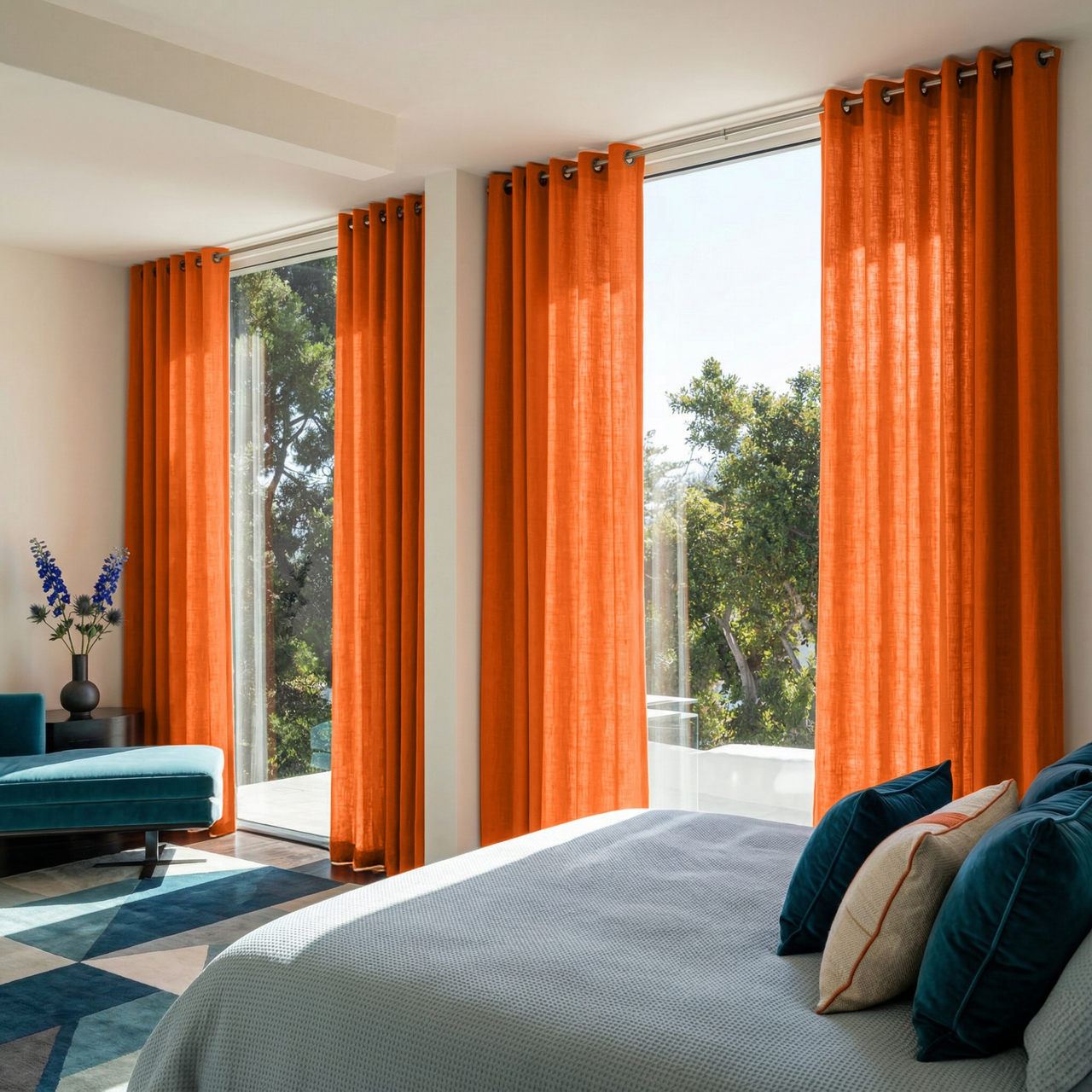 Burnt Orange Linen Eyelet Curtains in a Sunny Bedroom with Warm Cream Walls and Deep Teal Accents