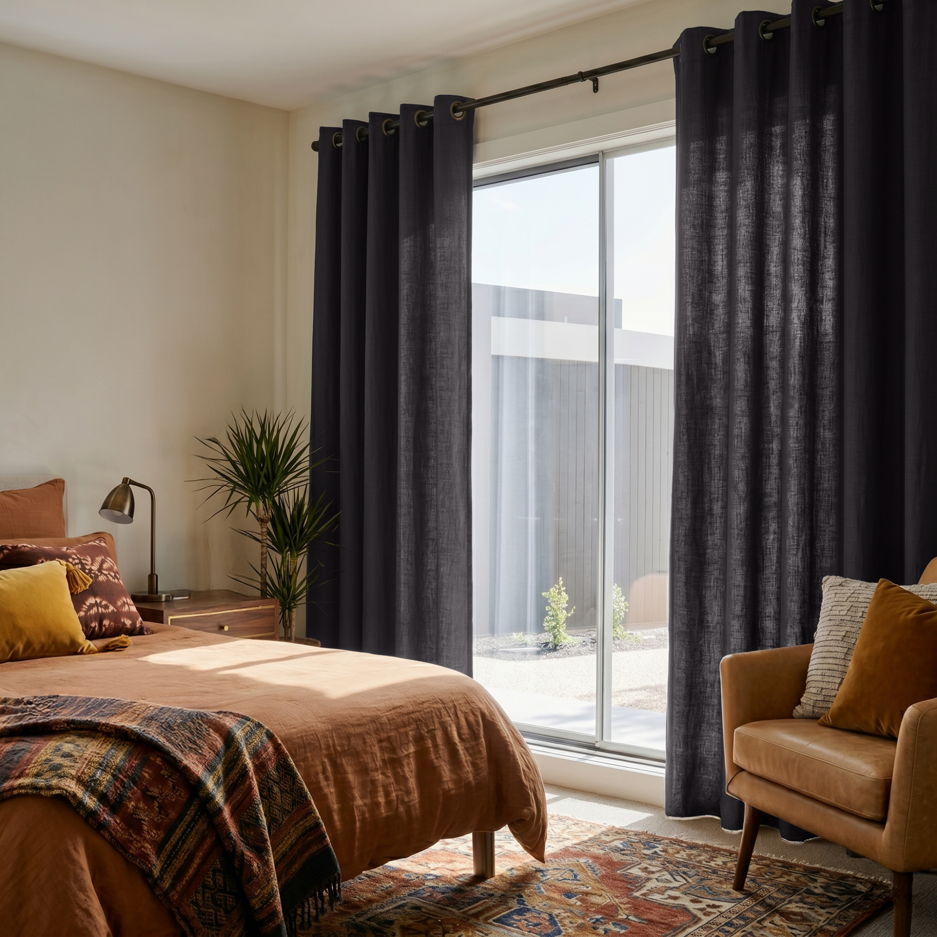 Charcoal Grey Linen Eyelet Curtains in a Warm Bedroom with Soft Cream Walls
