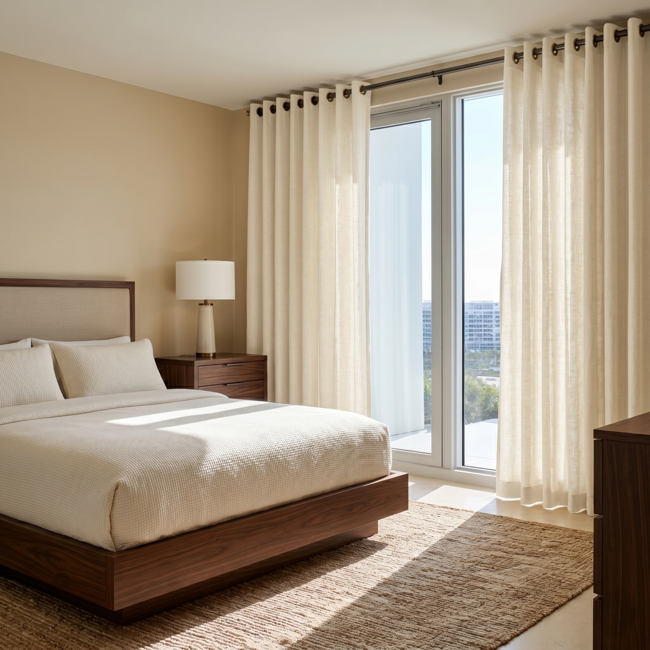 Cream Linen Eyelet Curtains in a Warm Neutral Bedroom With a Wooden Bed and Floor-to-Ceiling Windows