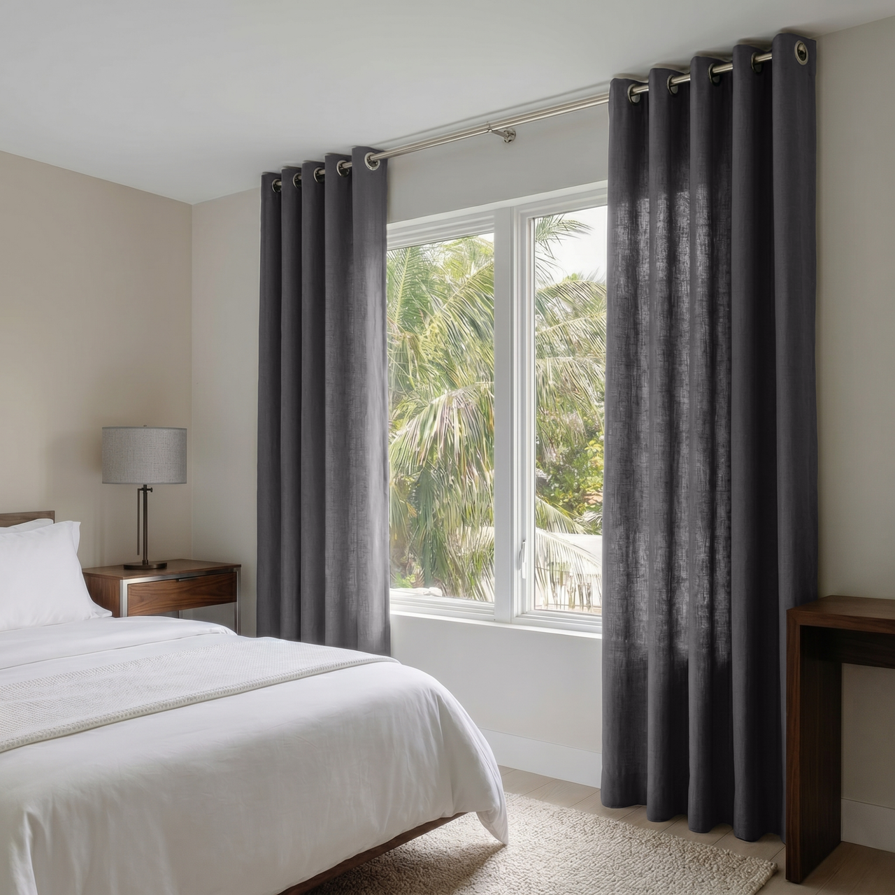 Dim Grey Linen Eyelet Curtains in a Minimal Bedroom With Soft Beige Walls and Warm Wood Furniture