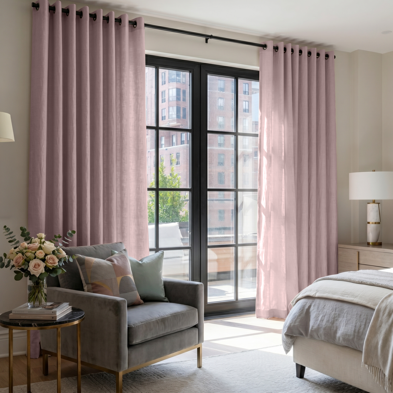 Dusty Pink Linen Eyelet Bedroom Curtains in an Elegant Bedroom with Layered Ivory Bedding and Soft Grey Accents
