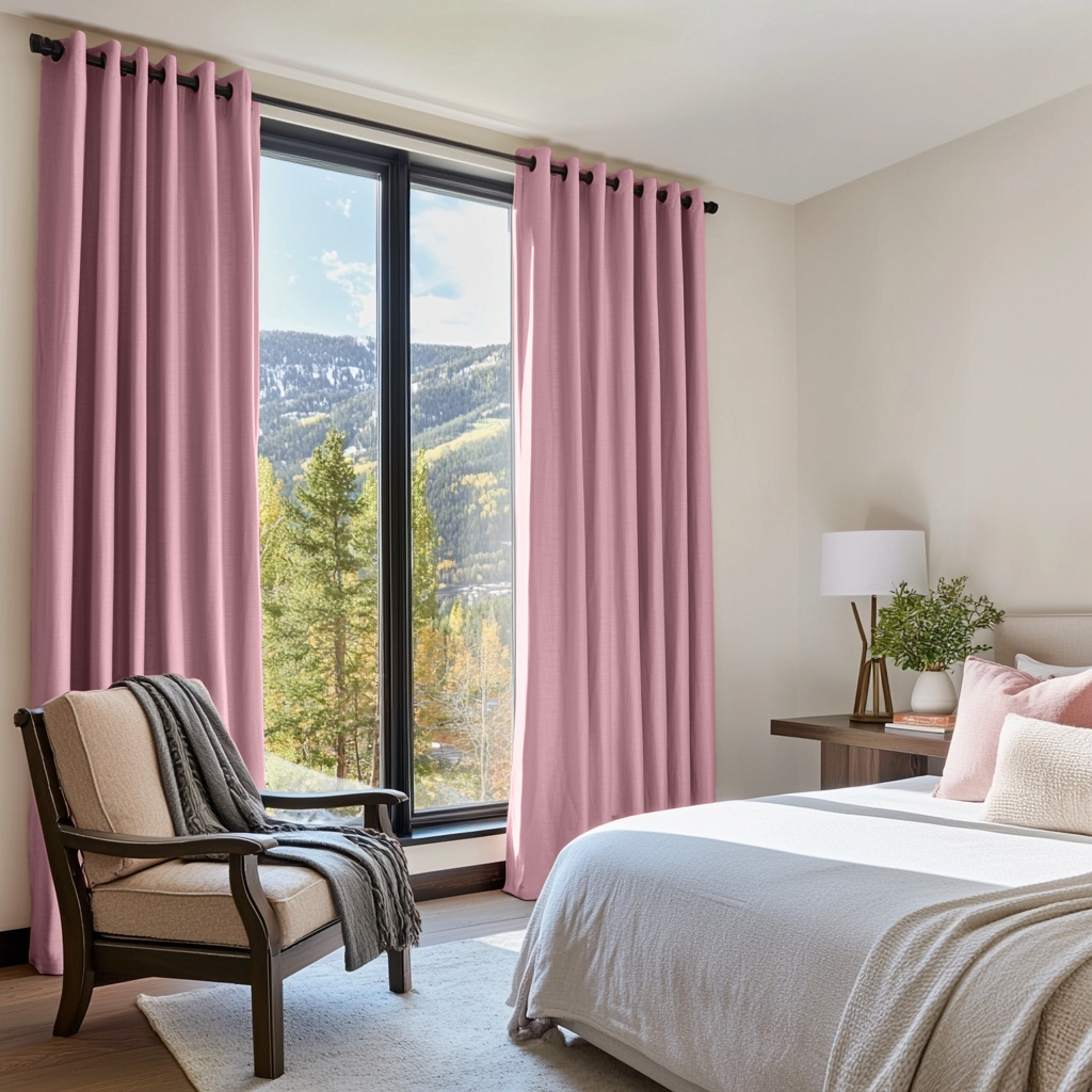 Dusty Rose Linen Eyelet Bedroom Curtains in a Light Bedroom with Soft Blush Accents