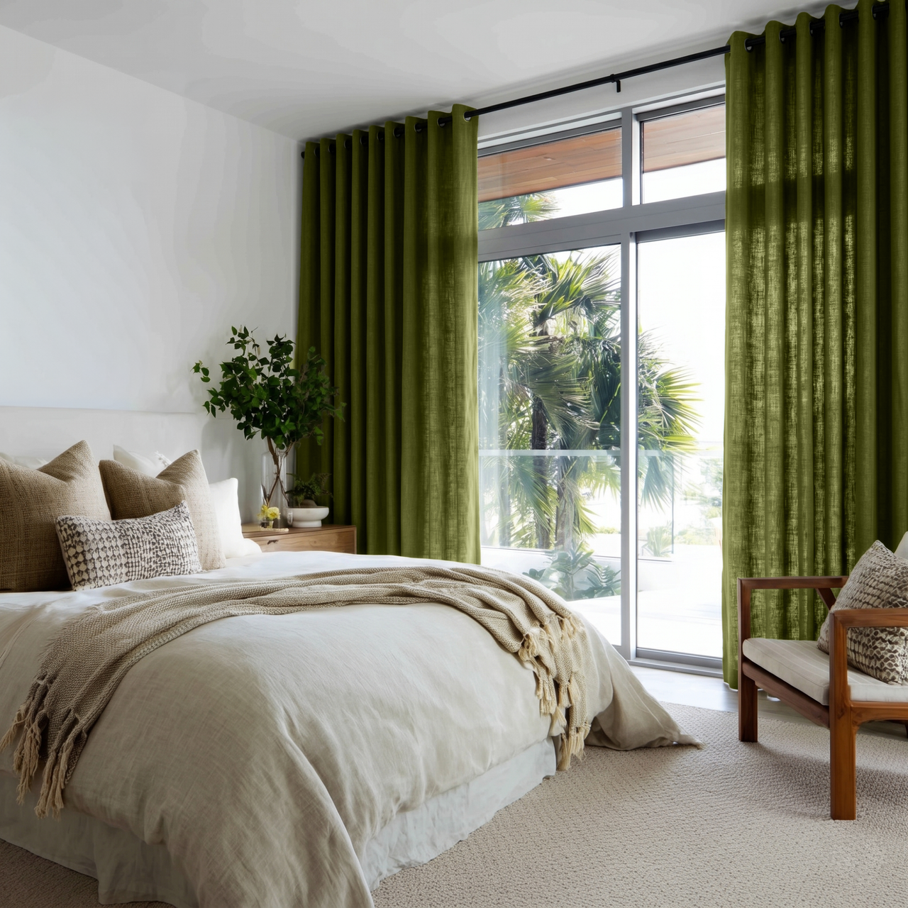 Moss Green Linen Eyelet Bedroom Curtains in a Bright Coastal Bedroom with Layered Oatmeal Bedding and Taupe Accents