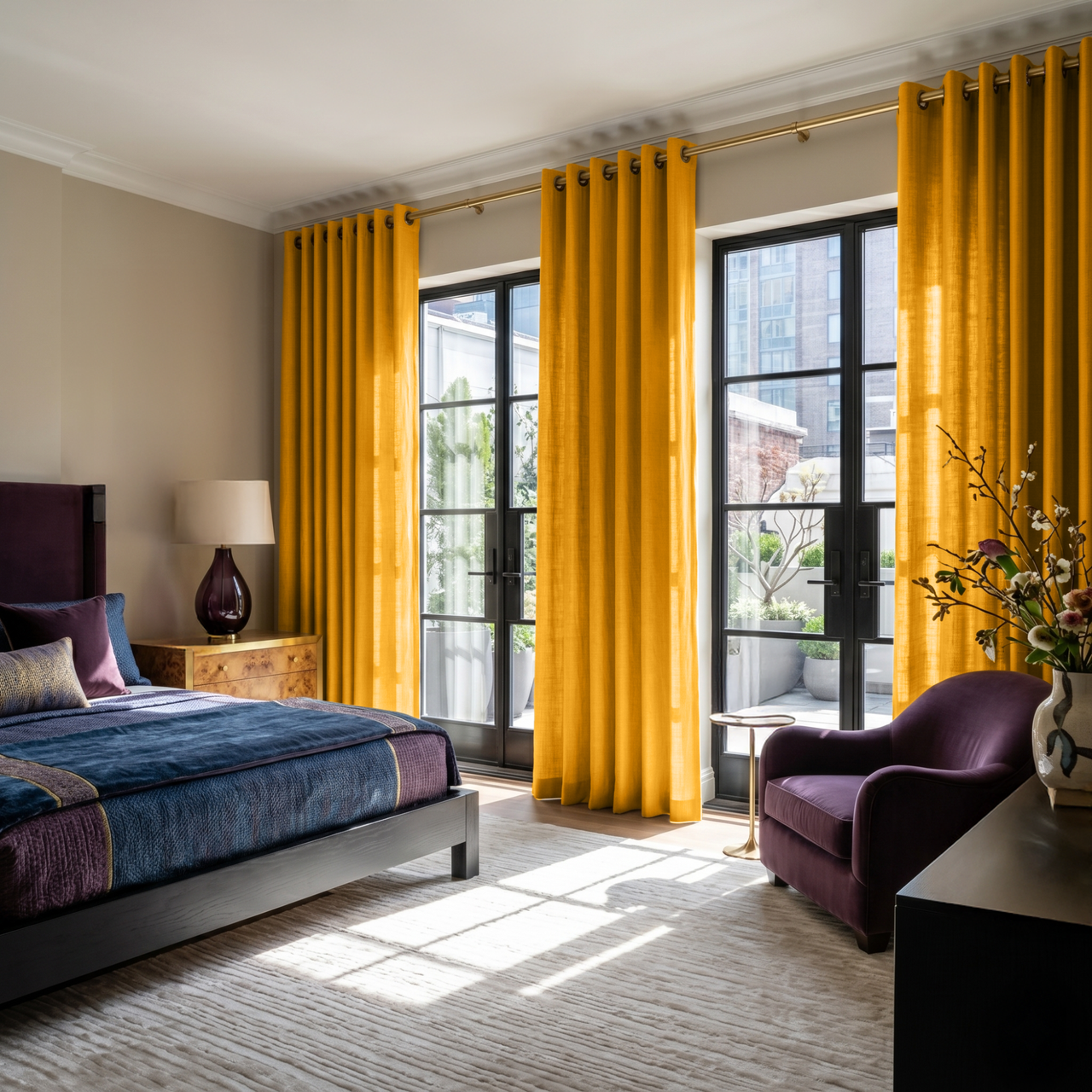 Mustard Yellow Linen Eyelet Bedroom Curtains in a Bold Contemporary Bedroom with Navy and Plum Accents