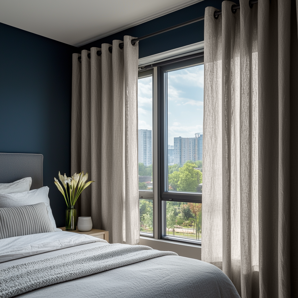 Natural Linen Eyelet Bedroom Curtains in a Modern Bedroom with Deep Navy Walls