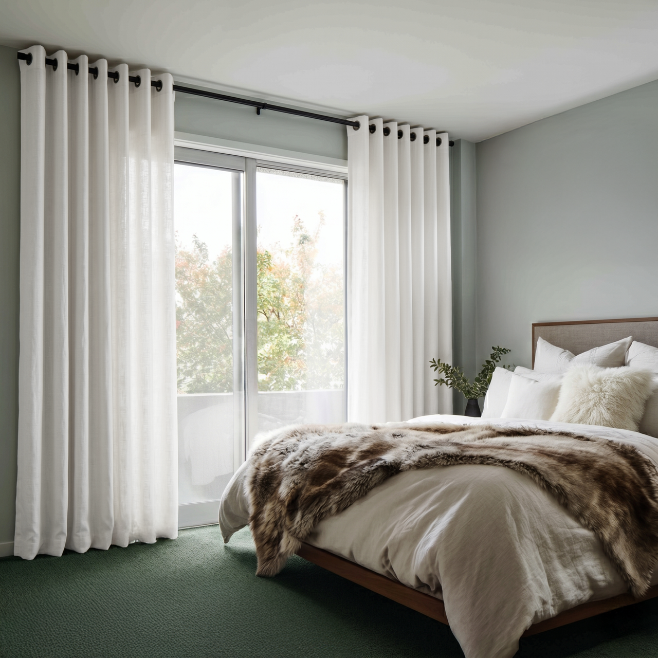Off-White Linen Eyelet Bedroom Curtains in a Soft Modern Bedroom with Pale Sage Walls and Cream Bedding