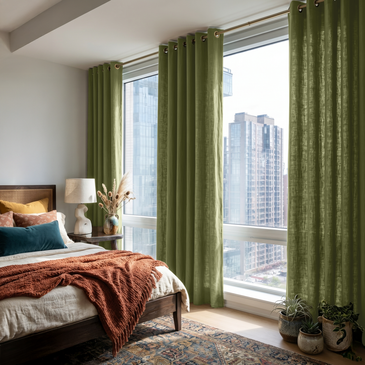 Olive Green Linen Eyelet Bedroom Curtains in a Contemporary Bedroom with Layered Ivory Bedding, a Rust Throw and Vintage Blue Accents