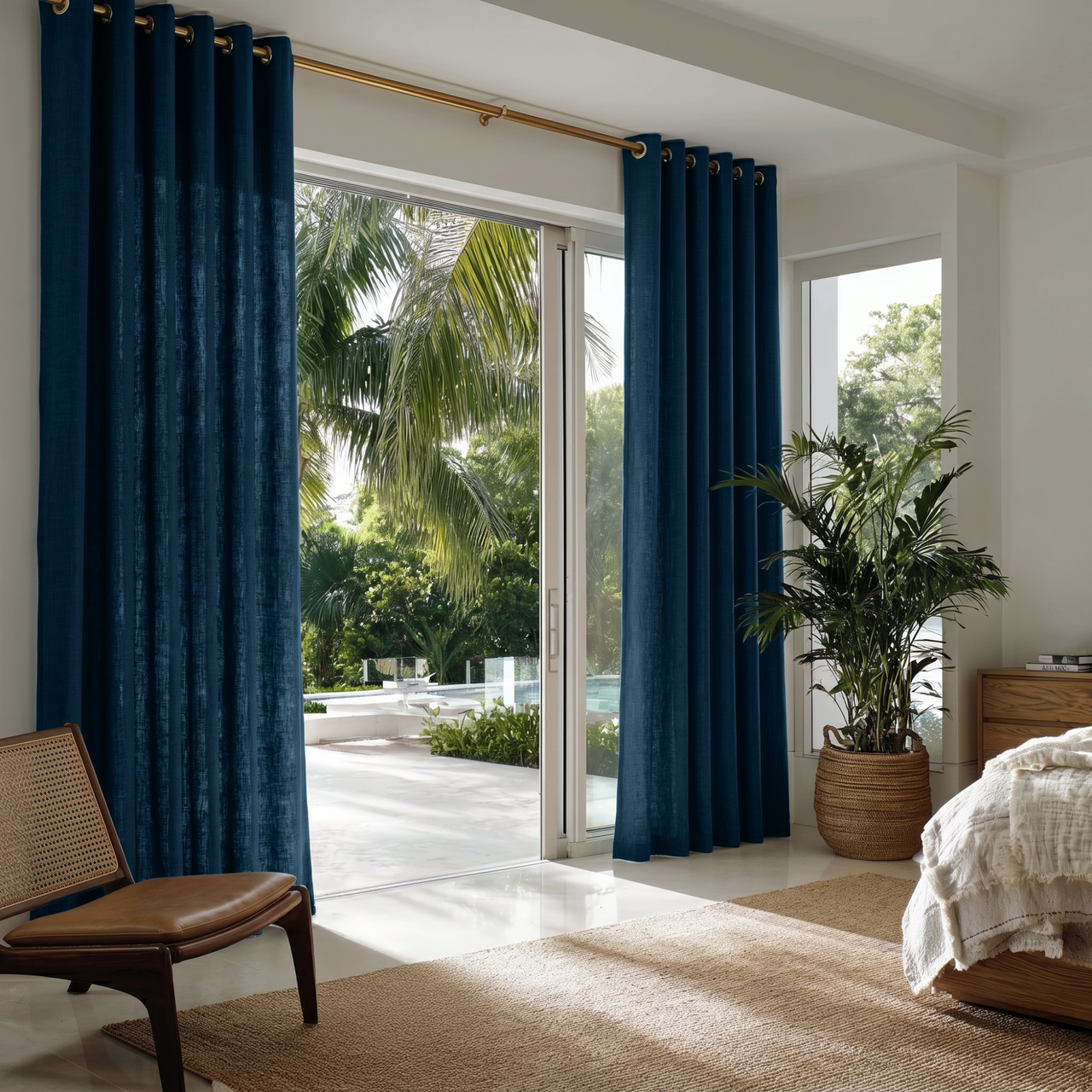 Peacock Blue Linen Eyelet Curtains in a Bright Bedroom with Natural Wood Furniture