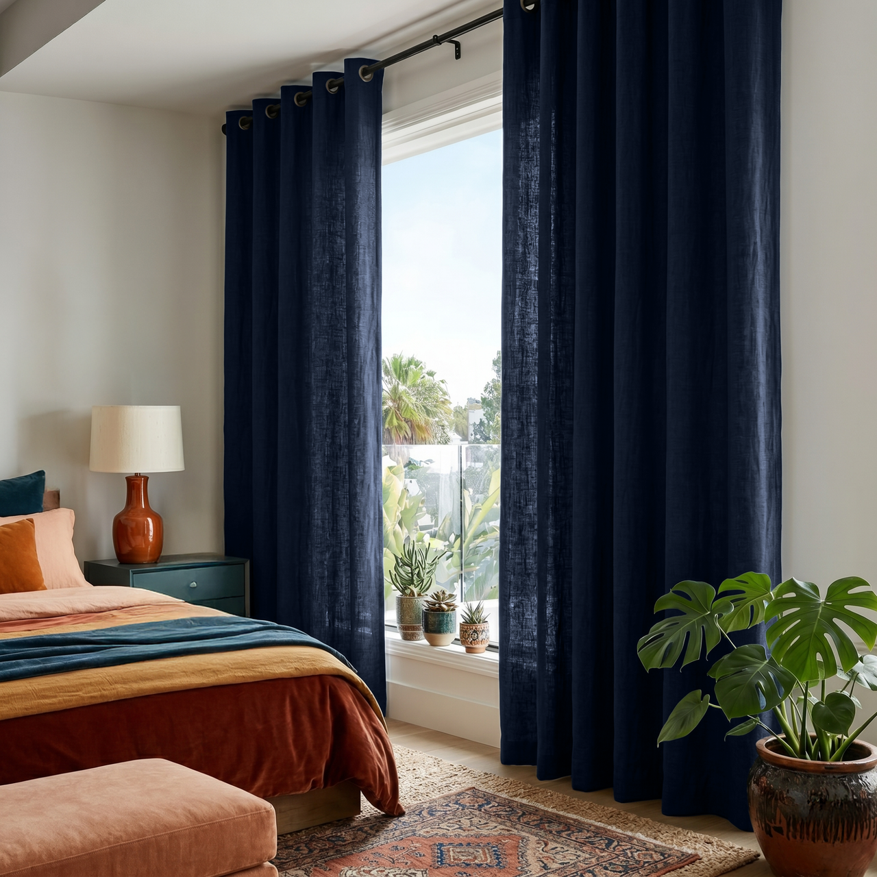 Royal Blue Linen Eyelet Curtains in a Warm Bedroom with Soft White Walls