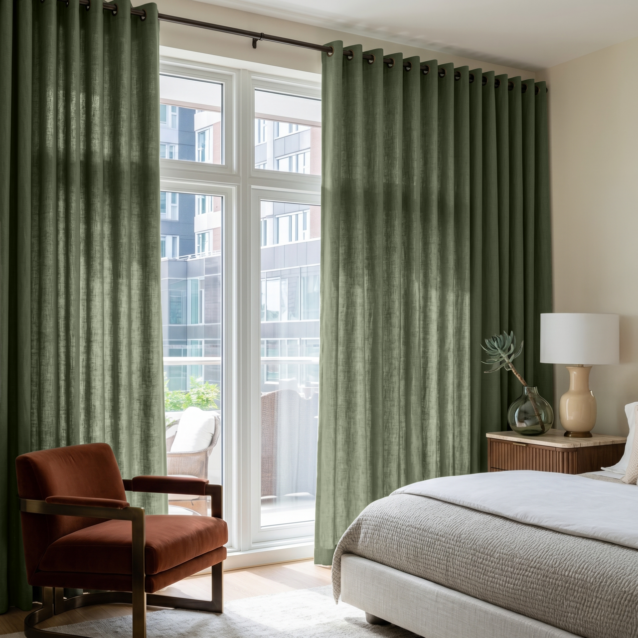 Sage Green Linen Eyelet Bedroom Curtains in a Soft Contemporary Bedroom with Warm Ivory Walls and a Rust Accent Chair