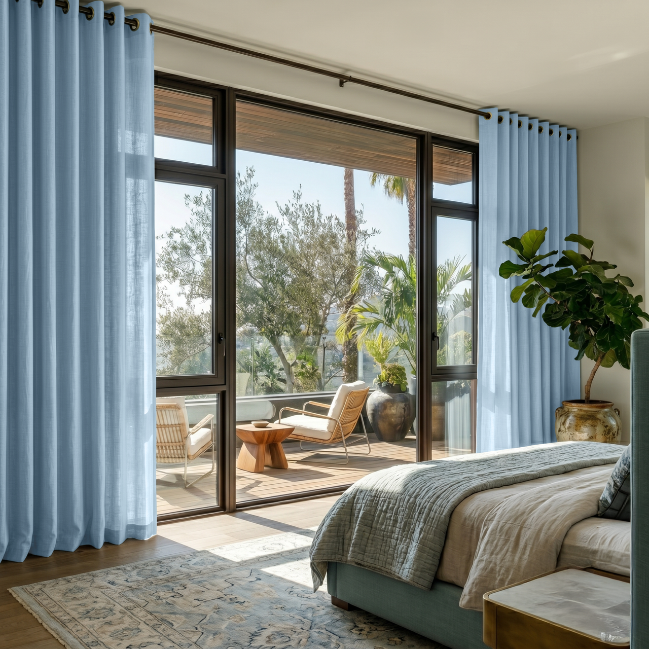 Sky Blue Linen Eyelet Bedroom Curtains in a Bright Minimal Bedroom with Soft White Walls and Green Accents