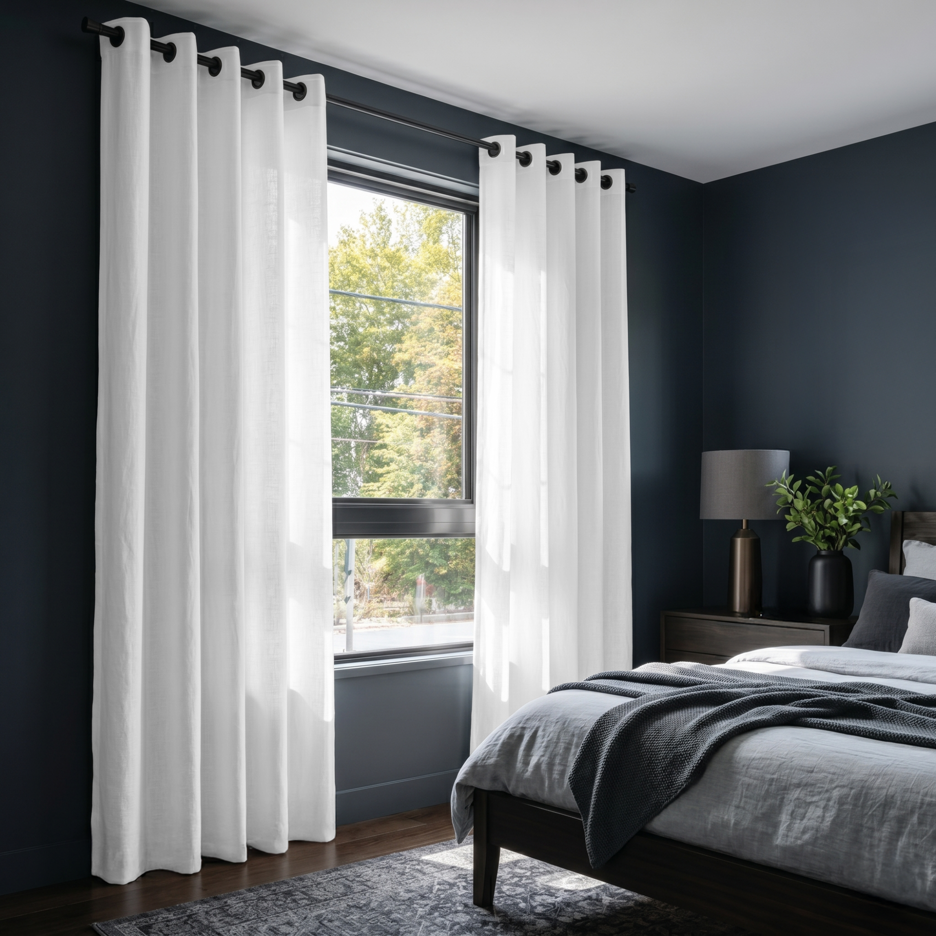 White Linen Eyelet Curtains in a Modern Dark Blue Bedroom With a Black Curtain Rod and Natural Light - Cotton Lining