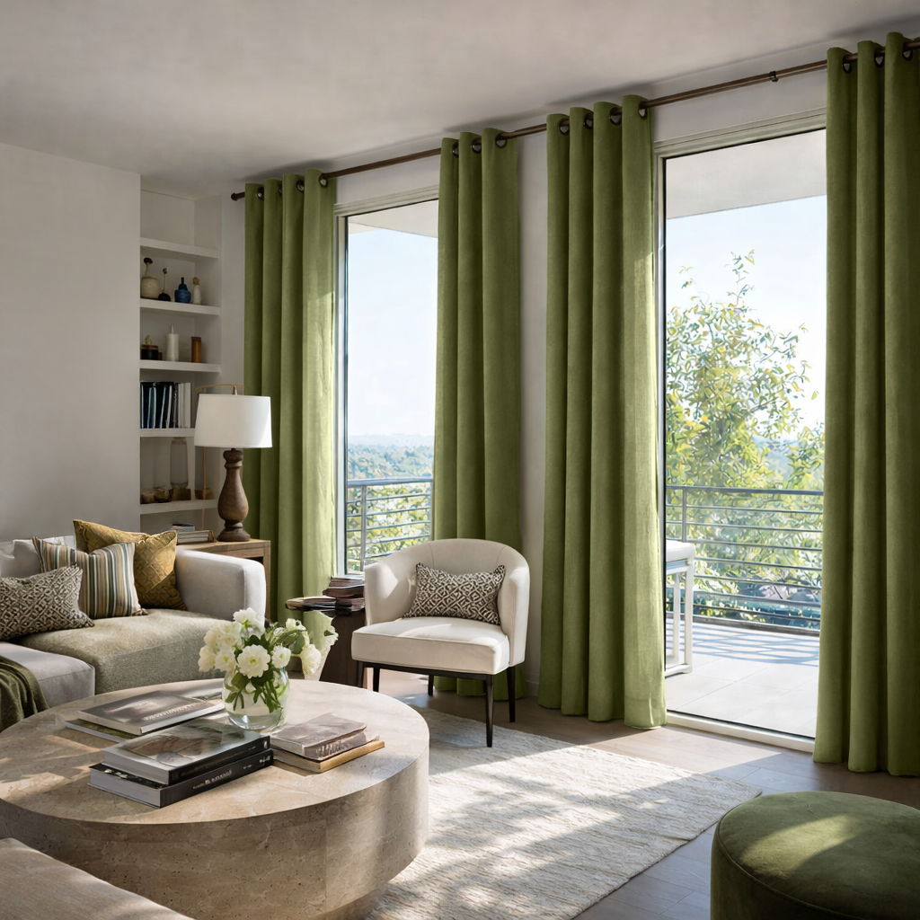 Olive Green Linen Eyelet Curtains - Cotton Lining
