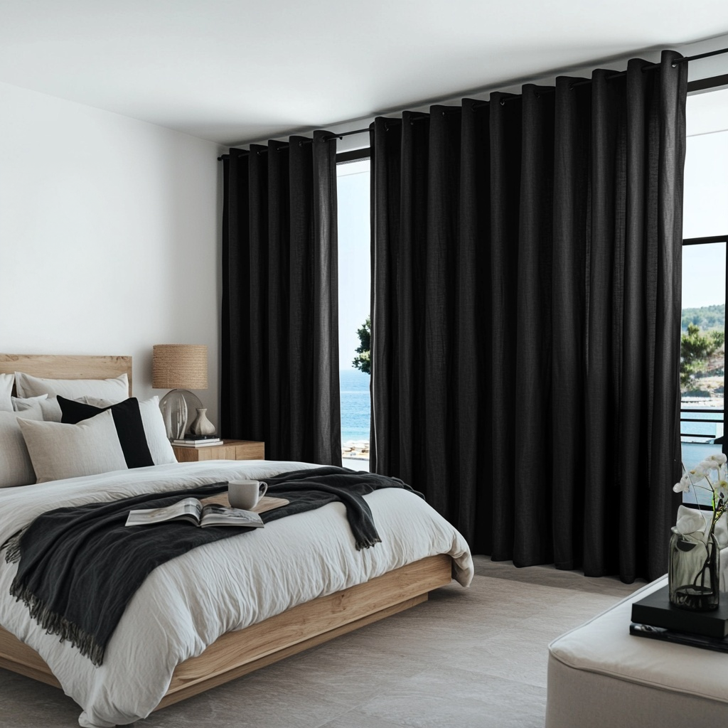 Black Linen Eyelet Curtains - Cotton Lining