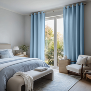 Sky Blue Linen Eyelet Curtains - Cotton Lining